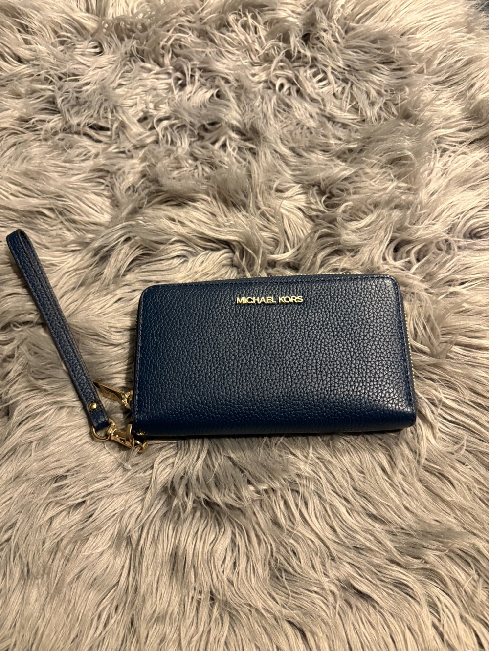 Michael Kors Navy Pebbled Leather Wristlet with Gold Hardware